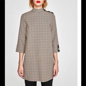 Zara Dress Check Houndstooth Pearl Mod 60s Jackie O Retro Brown Black Size M